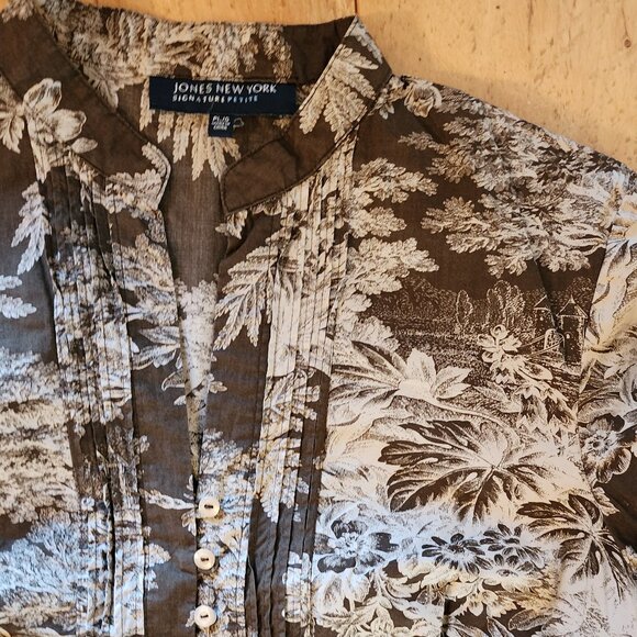 JNY Brown Long Sleeve Shirt Size Petite Large Cotton Floral Old Money Minimalist - Picture 4 of 6